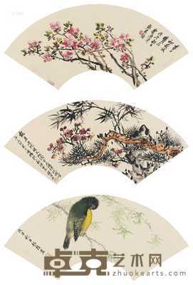 花卉 花卉 花鸟 （三帧） 扇片 设色纸本 18.5×51cm；18×50cm；18×50.5cm
