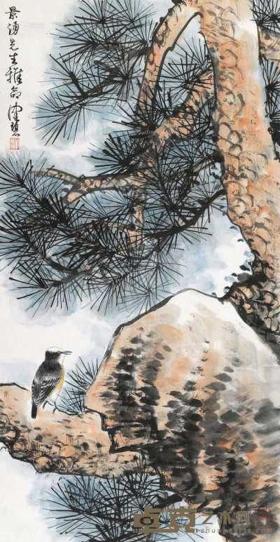 松石翠鸟图 镜片 设色纸本 87×45cm