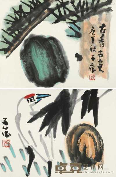 古香古色 寿鹤 （二帧） 册页 设色纸本 34×45cm×2