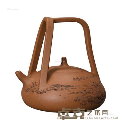 现代 顾涛?半瓜提梁壶（父女合作，顾绍培书刻） 13cm