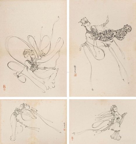 庞熏琴     白描人物 册页 （四开）