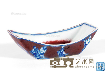 清中期 养和堂制 青花釉里红八仙祝寿茶船 长15.0cm；宽8.5cm；高3.8cm