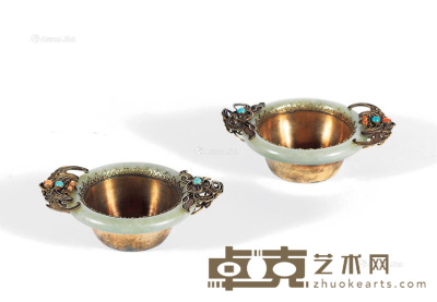 银制镶玉镯银杯 （一对） 直径11.0cm；高3.2cm×2