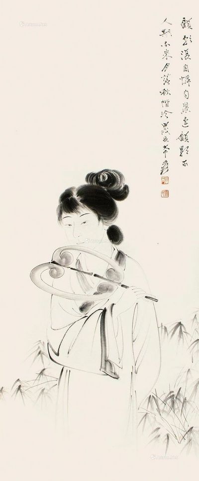 张大千 秋阶顾影
