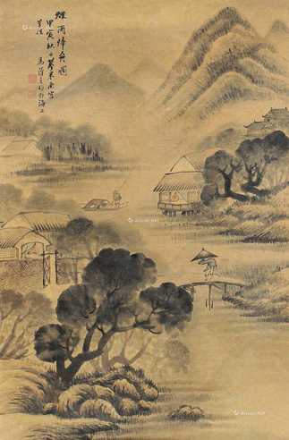 甲寅（1914）年作 烟雨归舟 镜片 设色纸本
