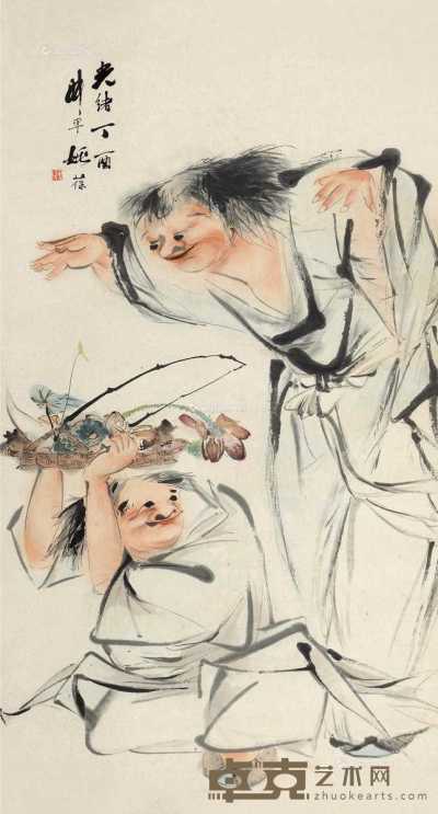 丁酉（1897）年作 和合二仙 镜片 设色纸本 178×96cm