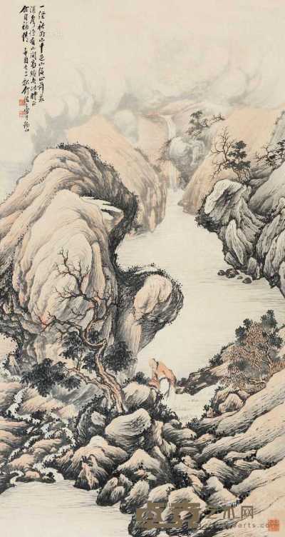 辛酉（1921）年作 山涧听泉 镜片 设色纸本 148×80cm