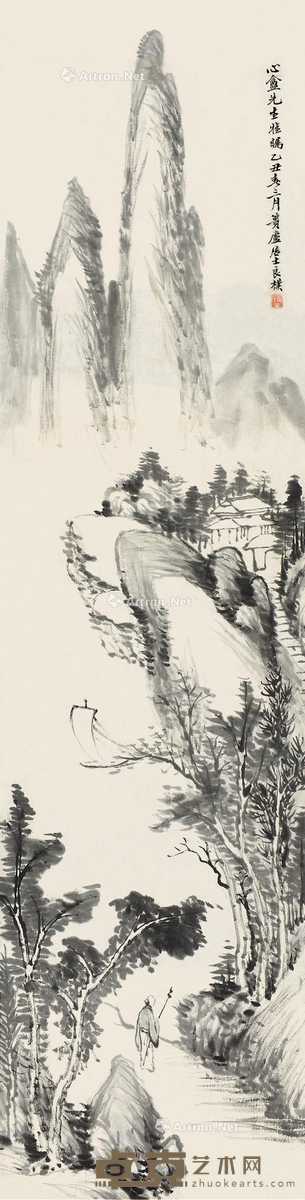 乙丑(1925)年作 叠嶂帆影 镜片 水墨纸本 143×36cm