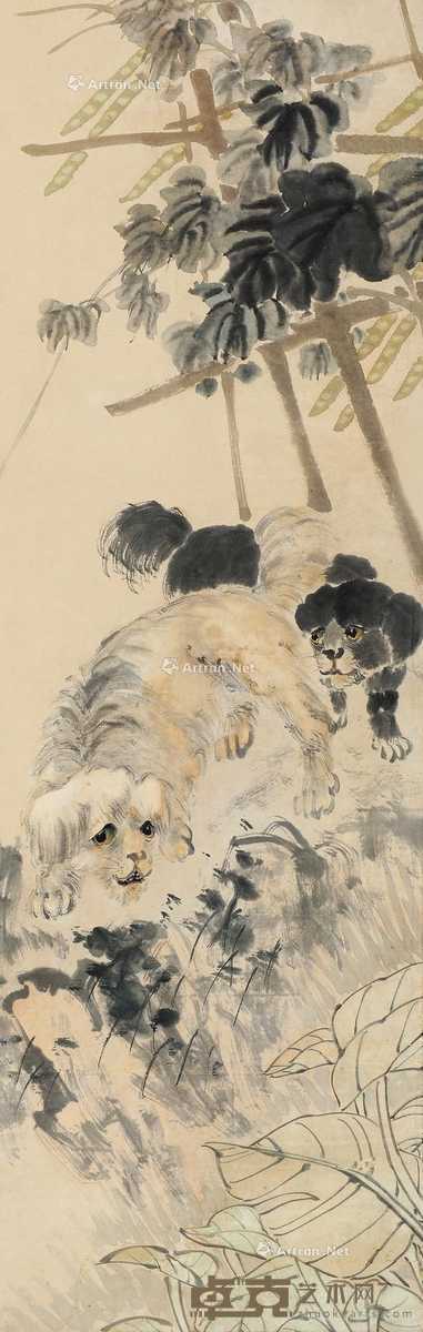 豆棚双犬 镜片 设色纸本 122×38cm