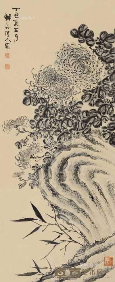 丁丑（1925）年作 秋菊清竹 镜片 水墨纸本 116×48cm