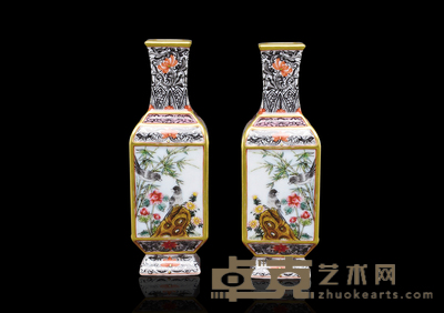 珐琅彩花鸟四方赏瓶一对 11.6×3.7