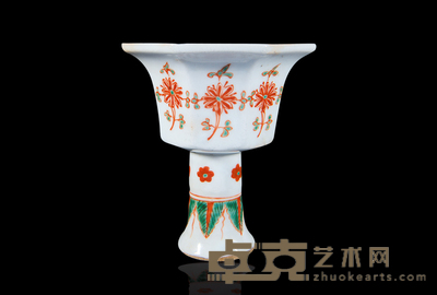 老红绿彩花卉纹八棱高足杯 10×9