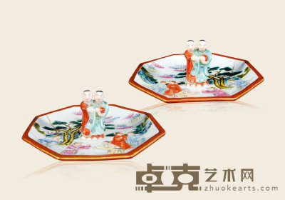 珊瑚釉描金粉彩人物纹祝寿盏一对 大清光绪年制款 15×6×2