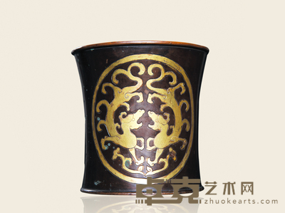 茫父紫铜嵌金双龙笔筒 13×13