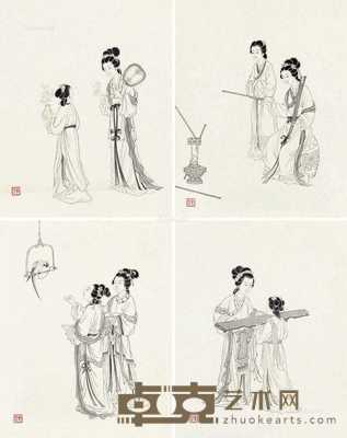 白描仕女 册页 (八开选四) 水墨纸本 33×26cm×8