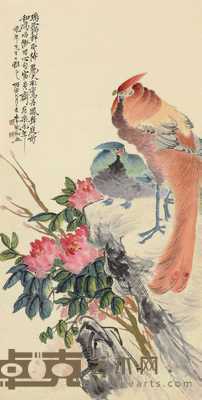 丙寅（1926）年作 彩鸾丹凤 镜片 设色纸本 102×51cm