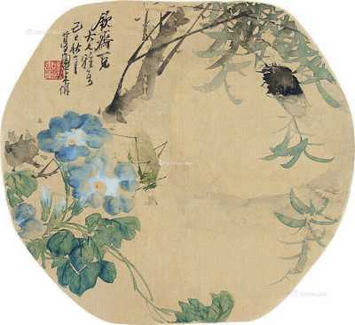 己巳（1869）年作 秋日蝉鸣 团扇片 设色绢本