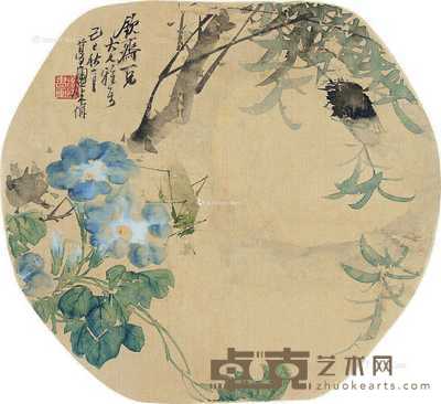 己巳（1869）年作 秋日蝉鸣 团扇片 设色绢本 直径24cm