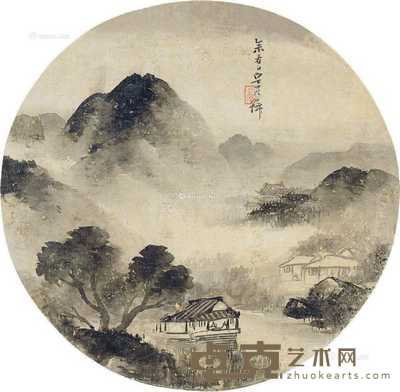 乙未（1895）年作 烟雨图 扇片 水墨绢本 直径25cm