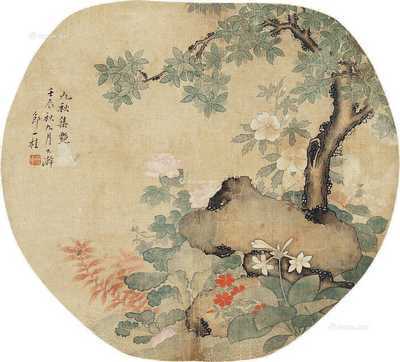壬辰（1772）年作 九秋集艳 扇片 设色绢本