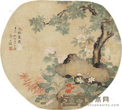 壬辰（1772）年作 九秋集艳 扇片 设色绢本 直径24cm