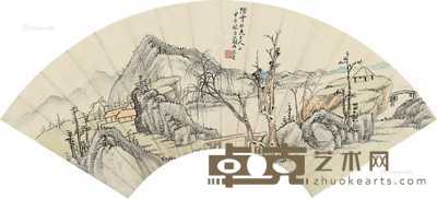 甲午（1894）年作 秋林亭子 扇片 设色绢本 17×50cm