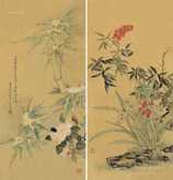 丁丑（1877）年作 春意盎然 （二幅） 镜片 设色绢本