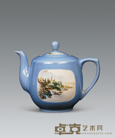 天青釉粉彩山水纹壶 H;17CM