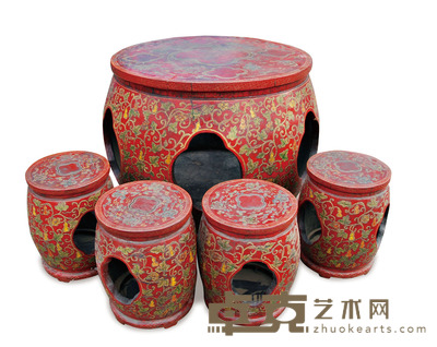大漆福禄纹鼓桌一组