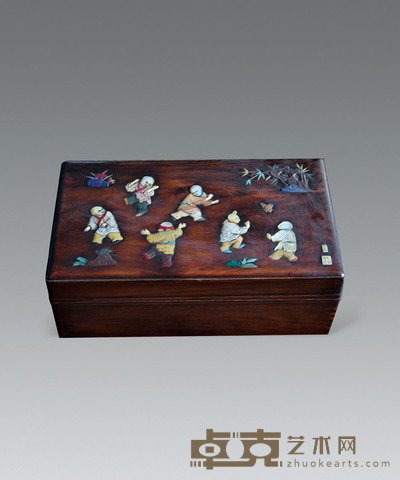 黄花梨嵌百宝五福童子盖盒 37x21cm