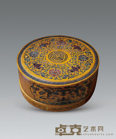 雕填漆戮金圆形捧盒 L:25CM