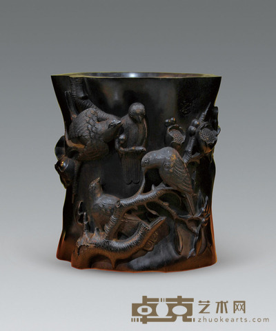小叶紫檀花鸟纹笔筒 H:23CM