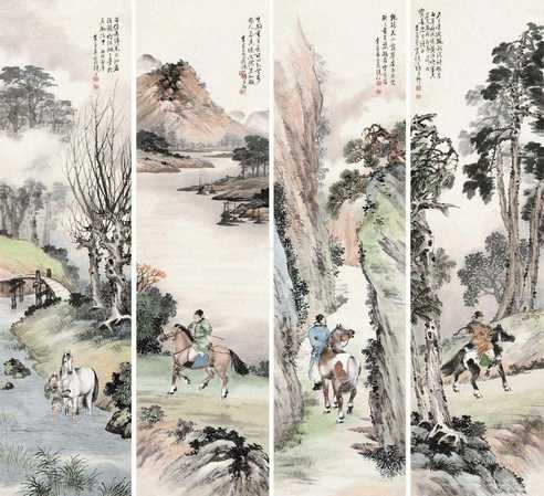 山水人物 屏轴 设色纸本