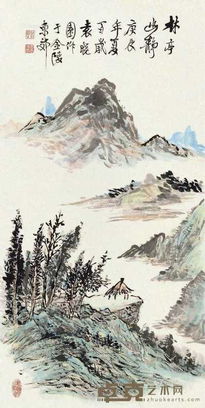 2000年作 林亭幽静 拓纸 设色纸本 92×46cm