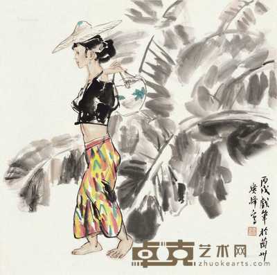 2006年作 芭蕉仕女 纸片 设色纸本 68×68cm