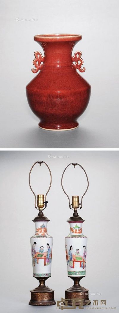 民国 粉彩《课子图》台灯（一对）、钧红釉双龙耳盘口瓶 灯高62cm×2；瓶高29cm
