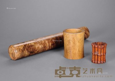 金丝楠木画筒、金丝楠木笔筒、黄杨木笔筒 高63cm；高16cm；高11cm