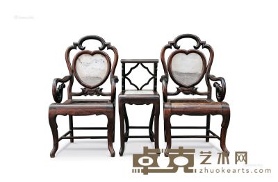 晚清 酸枝镶大理石两椅一几 椅高103×55×46cm×2；几高79×33×46cm