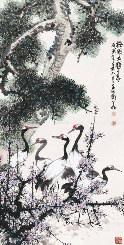 王兰若 丙寅（1986年）作 梅开五鹤来