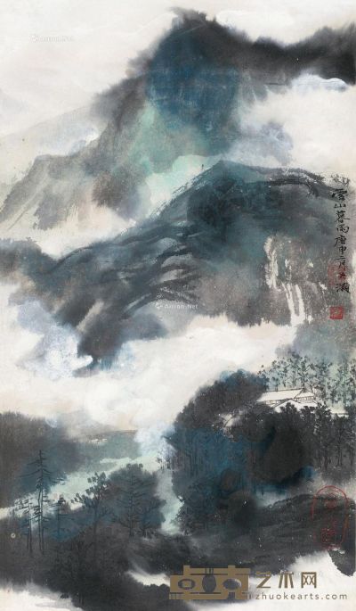 吴灏 庚申（1980年）作 云山暮雨 60×35cm