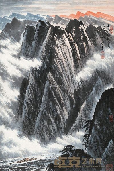 岑学恭 乙亥（1995年）作 三峡放筏图 68×45cm