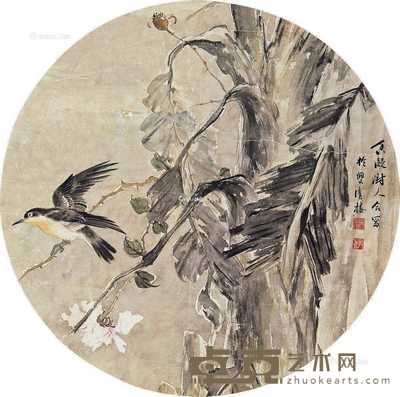 花鸟 立轴 设色纸本 直径50cm