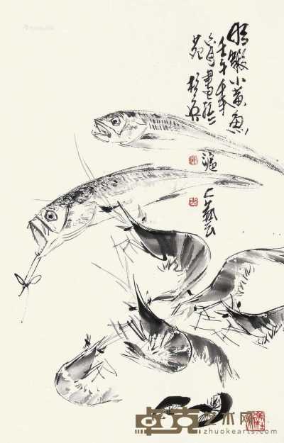 明虾小黄鱼 立轴 水墨纸本 68×44cm