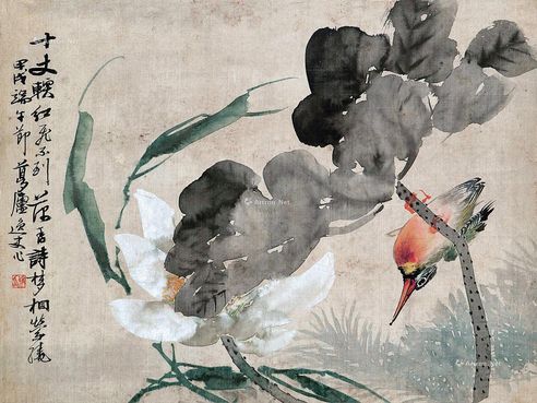 朱梦庐 荷花小鸟