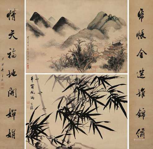 云山萧寺 半窗风雨 行书七言联