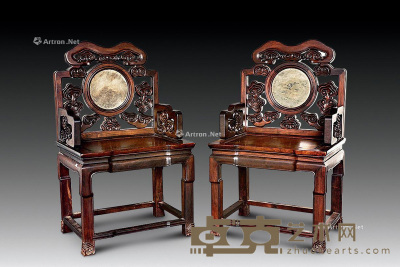 清 红木镶云石灵芝纹太师椅 （一对） 100×60×45.5cm