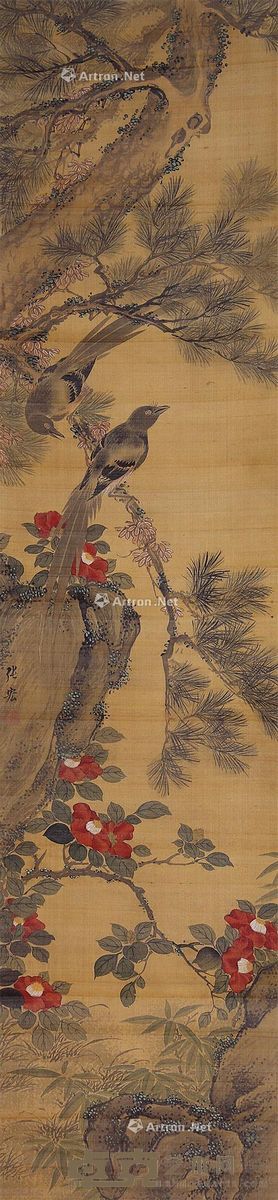 张宏 花鸟 立轴 绢本 140×33cm