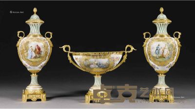 彩绘塞夫尔风格瓷片镶铜鎏金摆件 （一套三件） 花瓶高85cm；缸宽67.5cm