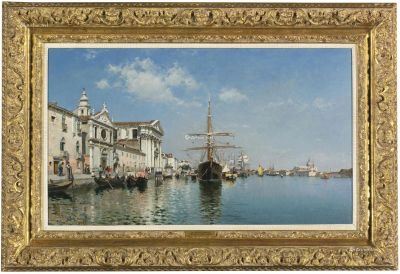 《威尼斯，朱代卡运河望向杰索蒂教堂景致》 油彩画布