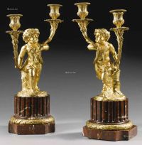 路易十六世风格铜胎鎏金法国红纹大理石双臂烛台 （一对）